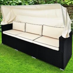 Polyrattan-Bank Schwarz/Creme 210x70x70cm + Sonnendach -Elholly Geschaft 2c85d580bda2f6f40910d65b4848076c de 991028d 9 1
