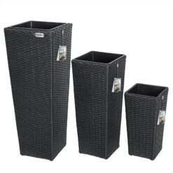 Polyrattan Blumentopf 3er-Set Schwarz